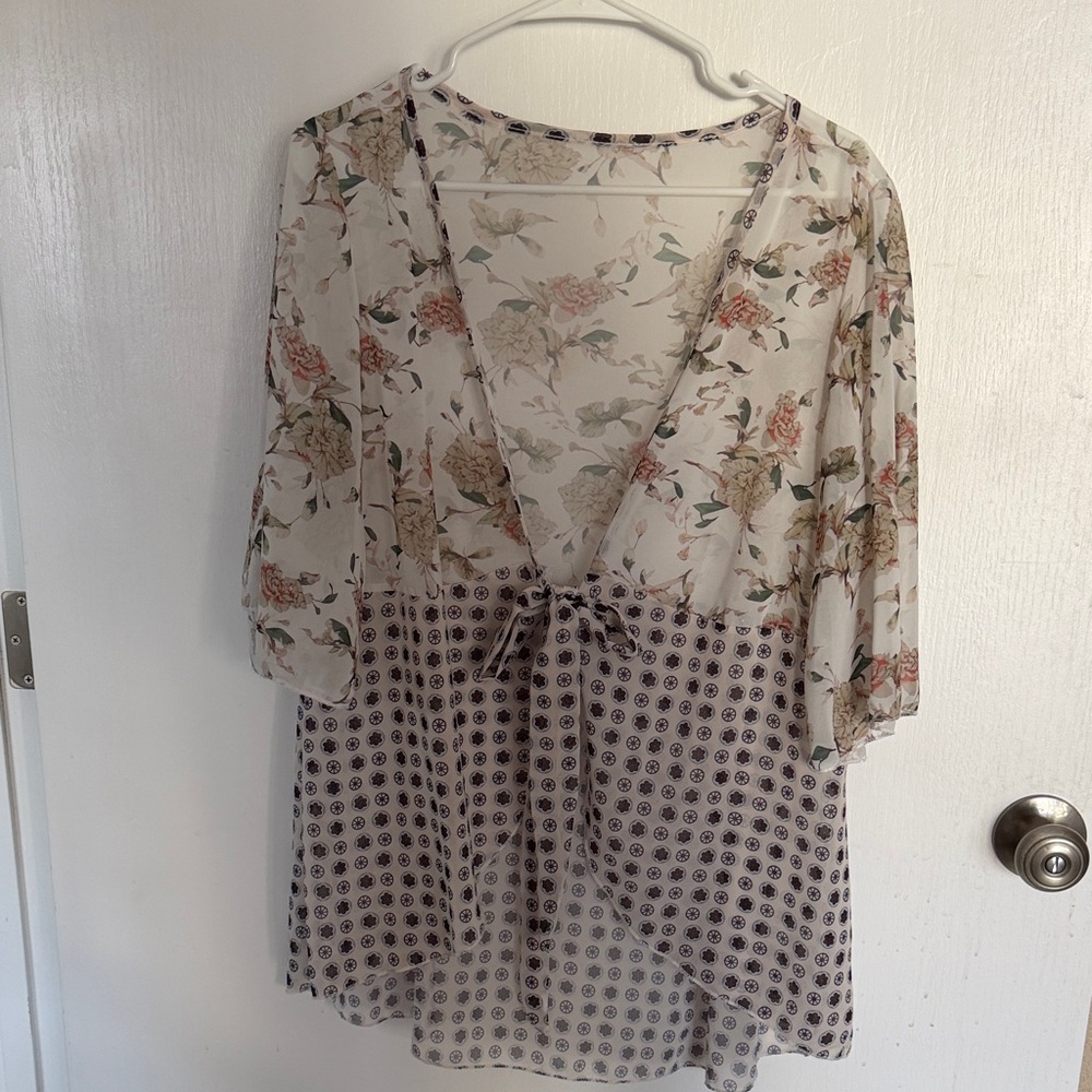 Sheer Floral and Geo Print Tie-Front Blouse - Cream Floral
